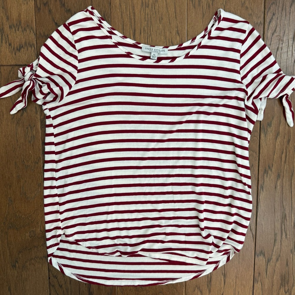 Green Envelope Red and White Striped Tie Sleeve Top